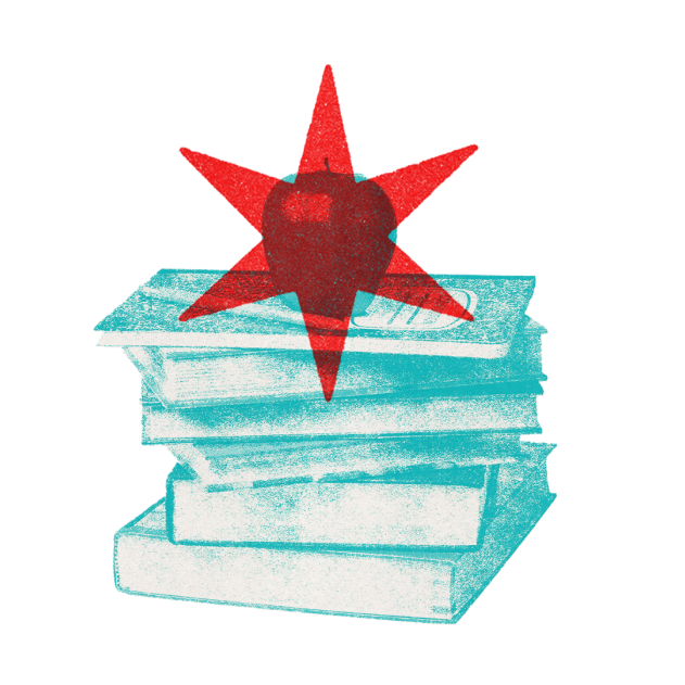 Image of books stacked with apple on top with the red Chicago Star.