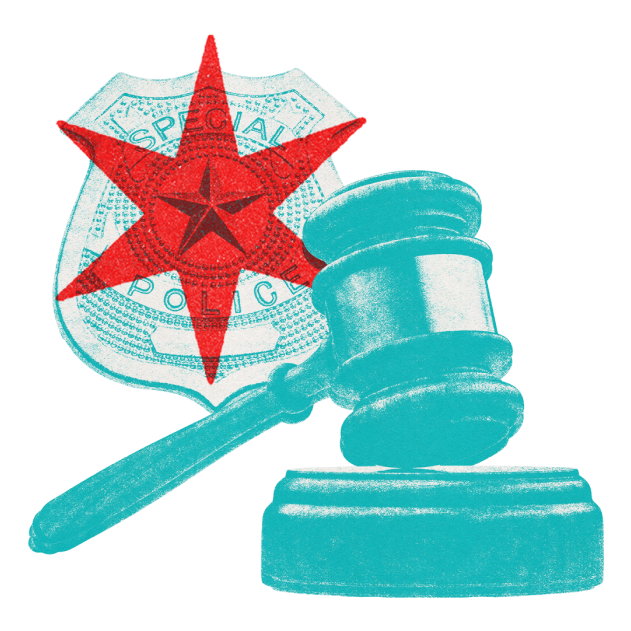Image of gavel and police badge with the red Chicago star.