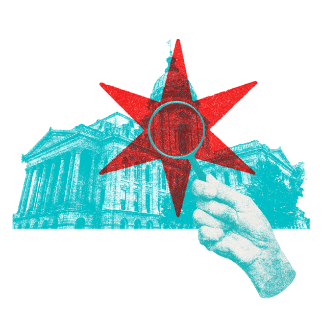 Image of State Capitol with magnify glass and the red Chicago star.